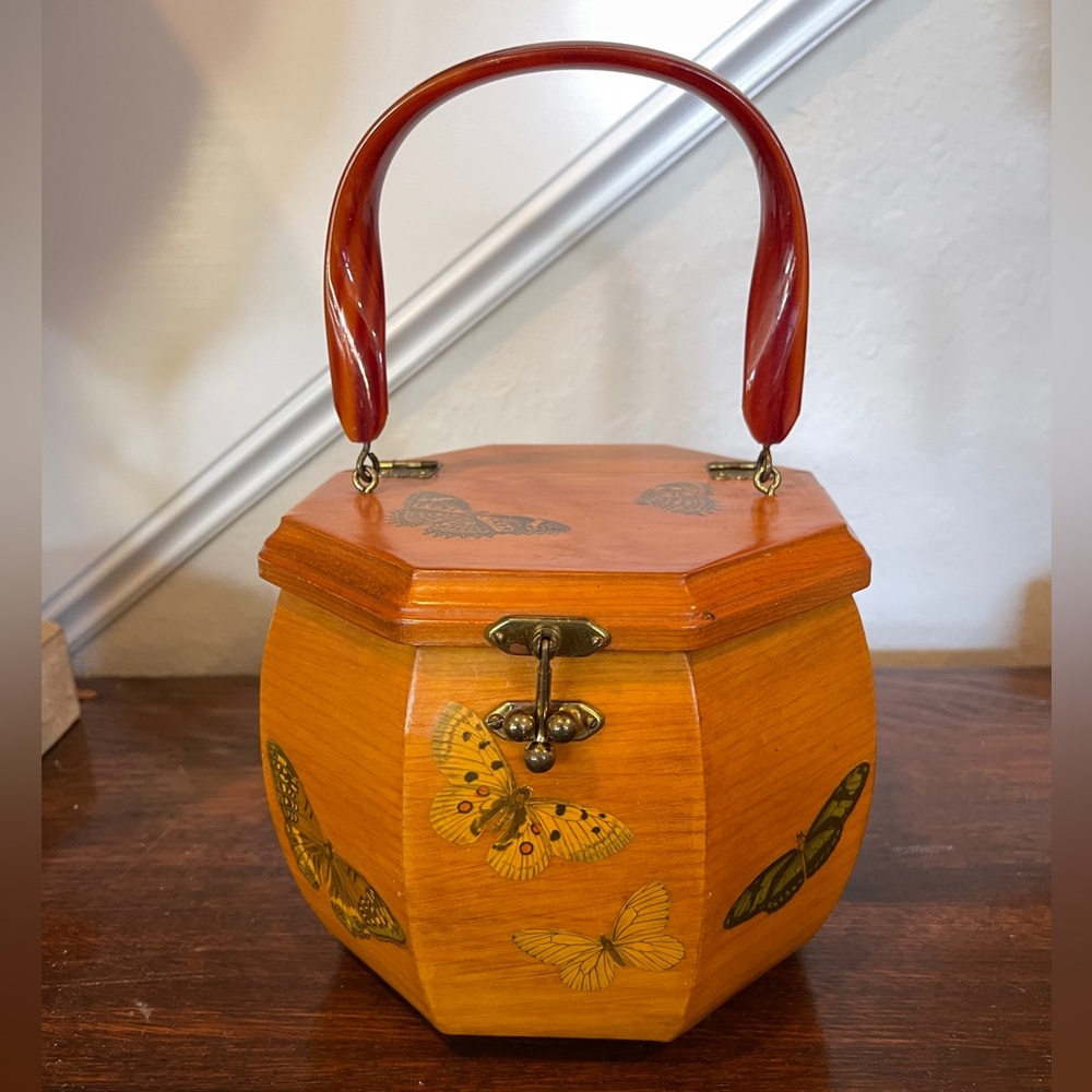 Wooden Decoupage Handbag with Butterfly Design and Amber Red Bakelite Handle